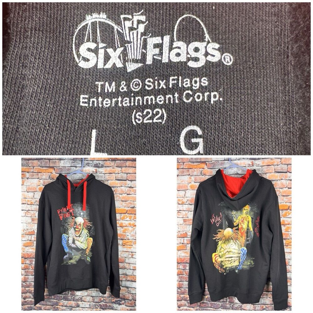 Six Flag Fright Fest Black Hoodie Stray Jacket Clown Graphic Scary Large